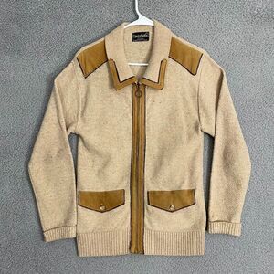 Vintage 60s Challenger Sweater Men S Tan Leather Trim Knit Full Zip